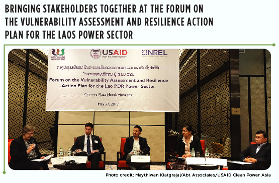 Five energy sector leaders speaking on stage at the Forum on the Vulnerability Assessment and Resilience Action Plan for the Lao PDR Power Sector, held May 27, 2019.
